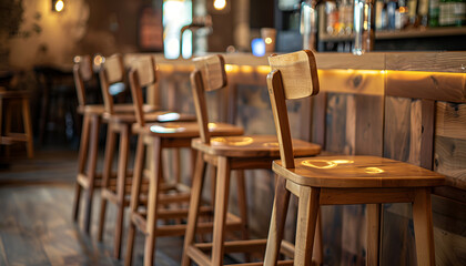 Wooden chairs at the bar counter close-up. Wood background