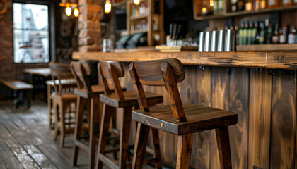 Wooden chairs at the bar counter close-up. Wood background