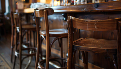 Wooden chairs at the bar counter close-up. Wood background