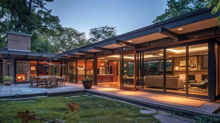 Fototapeta premium mid-century modern suburban house with expansive sliding doors that open to a backyard designed for seamless indoor-outdoor living