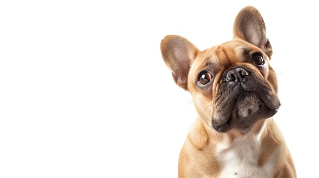 Cute French Bulldog on a white background with a playful expression.