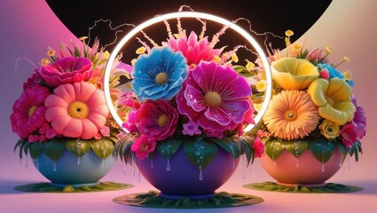Vibrant Flower Arrangement with Neon Lights