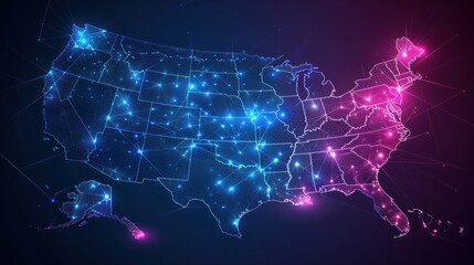 Obraz premium Vibrant neon outline of the United States map on a dark background, symbolizing energy and connectivity across the country