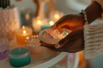 Hands holding a selenite bowl filled with healing crystals surrounded by lit candles, creating a warm and spiritual atmosphere