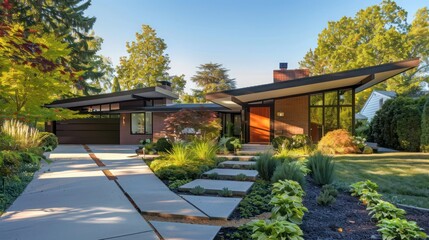 Obraz premium mid-century modern suburban house with custom angular landscaping, reflecting the homea??s architectural lines