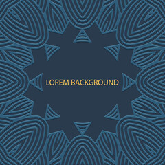 Embossed blue lorem background, cover design, banner, logo. Place for text, frame. Geometric tribal 3D pattern. Ethnic ornaments, mandala, handmade East, Asia, India, Mexico, Aztec, Peru.