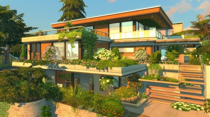 mid-century modern suburban house with a uniquely designed rooftop garden, accessible via a hidden staircase