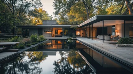 Obraz premium mid-century modern suburban house surrounded by a moat-like water feature, reflecting the housea??s geometric architecture