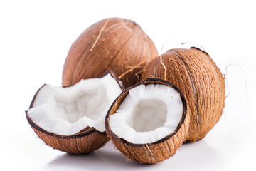 Fresh Coconut Halves and Whole Coconut Isolated on a White Background, Professional Food Photography