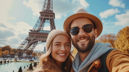happy couple taking a selfie in front of the Eiffel Tower in Paris