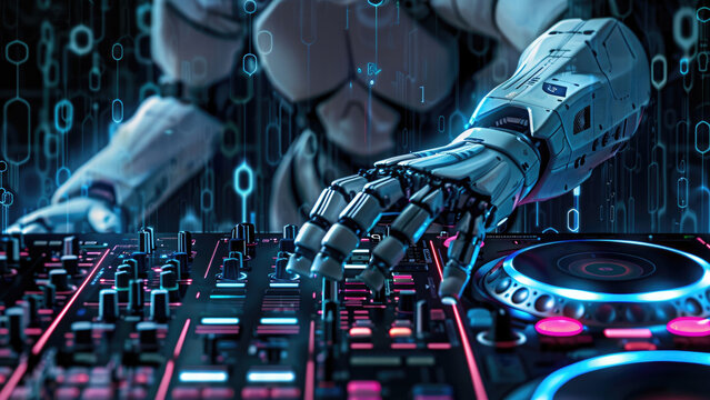 close up, humanoid DJ robot hand at dj mixer enjoying and plays nightclub, with connect innovation and futuristic programing data flow, artificial intelligence, microphone, musician