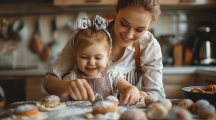 Mom with little daughter cooking delicious food in a kitchen