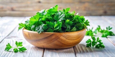 Fototapeta premium A Bowl of Fresh Parsley, wooden bowl, green parsley leaves, white rustic table, Parsley, Herb, Kitchen