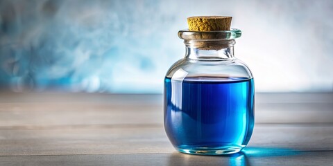 A Glass Bottle Filled with Blue Liquid on a Wooden Table, Glass, Blue, Cork , Table