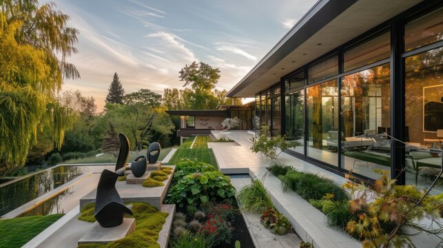 Fototapeta sleek suburban home with large, angular windows overlooking a meticulously landscaped garden with modern sculptures