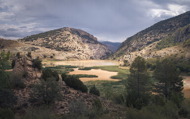 Peaceful Landscape of Aliaga, Teruel in Spain with Mountains and Lake