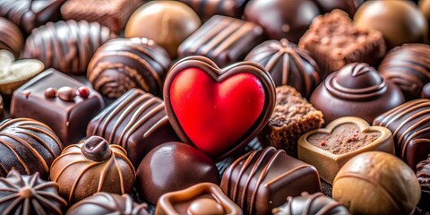 Fototapeta premium A Red Heart Among a Sea of Chocolates, Close Up, Chocolate, Assorted Chocolates, Heart, Valentine's Day