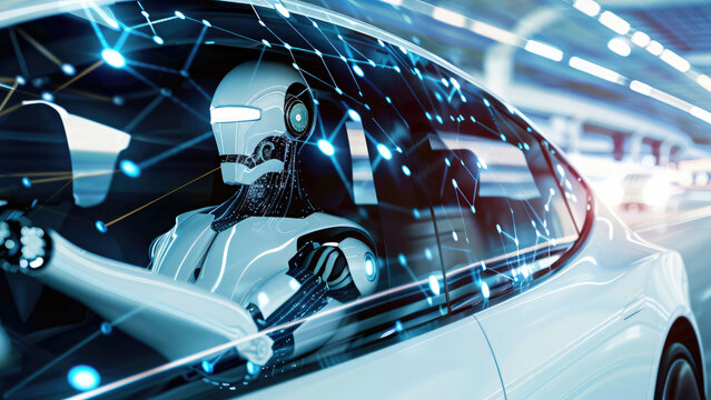 cyborg humanoid robot driving car moving fast driving through a blue tunnel, innovation and futuristic technology security triangle network lines, vehicle is moving, Future car technology, front view
