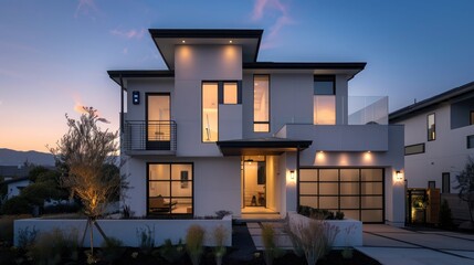 minimalist suburban home exterior at twilight, with biometric entry systems and smart home features