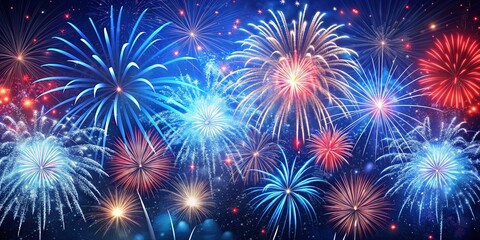 Naklejka premium A Symphony of Stars A Digital Artwork Depicting Fireworks Display, Night Sky, Celebration, Fireworks Show, Starry Night. fireworks, celebration, night