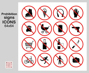 Prohibition signs, Icons, Buttons, 64 x 64, Icon set, Collection of 16 vector icons, Simple vector illustration