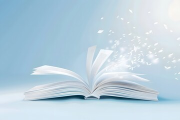 Fototapeta premium Open book with pages turning into fluttering paper pieces, evoking imagination and creativity.