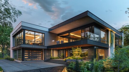 suburban home with modern architecture, featuring a striking, cantilevered second story over a transparent first floor
