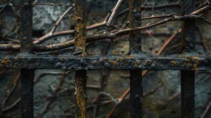 The fence of an abandoned cemetery in the background. Texture of an old cemetery fence for Halloween.