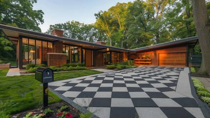 Fototapeta premium suburban house with mid-century modern styling, complete with a geometric driveway and a uniquely designed mailbox