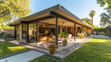 suburban house with mid-century modern design, featuring an outdoor covered patio that blends seamlessly with the indoor living space
