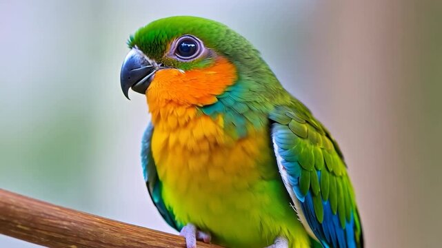 Colorful parrot with bright orange feathers and vivid blue tips perched, looking at the camera with a soft-focus background.