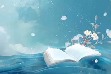 Naklejka premium Open book with flowers and fabric against a dreamy blue sky, symbolizing imagination and creativity