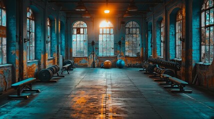 Functional training gym with diverse equipment for ropes, weights, and exercise balls