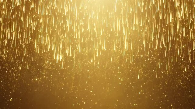 Golden glitter falls like rain on a dark background.
