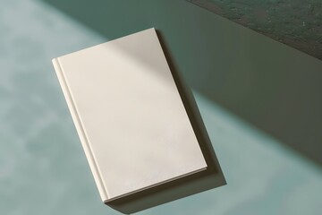 Fototapeta premium Minimalist hardcover book with blank cover lying on a light-colored surface, casting subtle shadows.