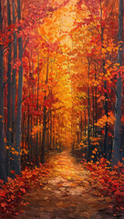 Fototapeta premium Vibrant autumn forest scene with a path covered in colorful fallen leaves