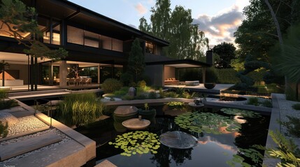 modern suburban house with a series of interconnected ponds and water features that create a tranquil outdoor oasis