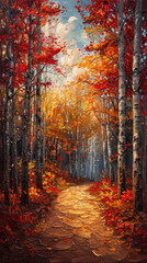 Obraz premium Vibrant autumn forest scene with a path covered in colorful fallen leaves