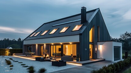 sleek suburban contemporary home with a monochrome color scheme and strategically placed skylights for natural lighting