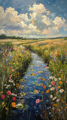 Serene stream flows through a vibrant meadow filled with colorful wildflowers under a bright blue sky