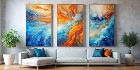 Abstract Triptych of Blue and Orange Swirls on a White Sofa, abstract art, triptych, living room ,interior design