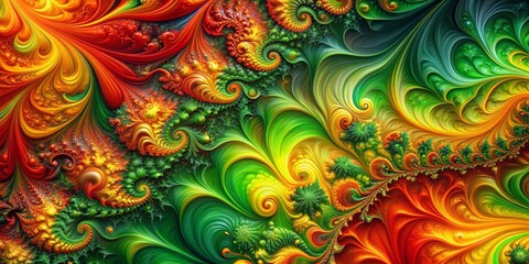 Abstract Swirls of Green, Yellow, and Orange, Fractal Art, Digital Painting, Abstract Background, Fractal Design