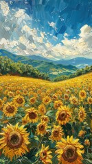 Vibrant field of sunflowers stretches into the distance under a bright, clear sky