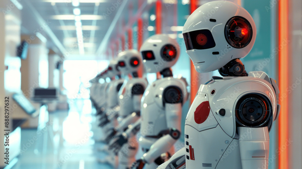 Aufkleber a row of robots stand in a hallway