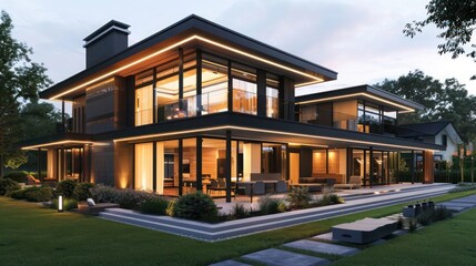 Fototapeta premium suburban modern house with a large, wrap-around porch and sleek, contemporary landscaping