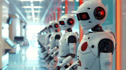 Fototapeta premium A row of robots stand in a hallway