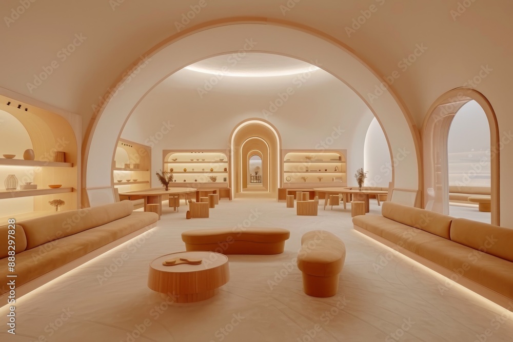 Poster modern minimalistic interior with archways and soft lighting, creating an elegant and serene atmosph