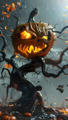 Spooky Pumpkin Tree in Rainstorm