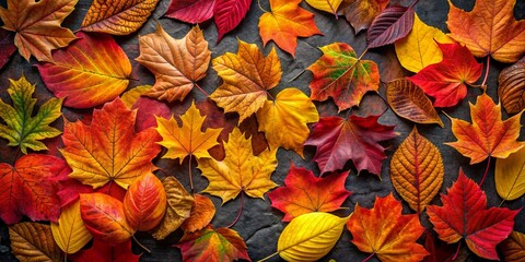 Fototapeta premium Autumn Leaves on Dark Background - Top View, Fall Colors, Colorful, Nature, Season, Autumn Foliage , fall