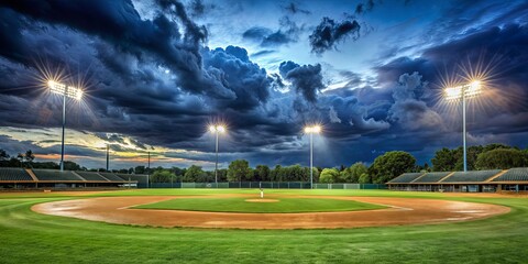 Baseball Field Under a Dramatic Sky, Wide Shot, Baseball Field, Dramatic Sky, Sports, Photography